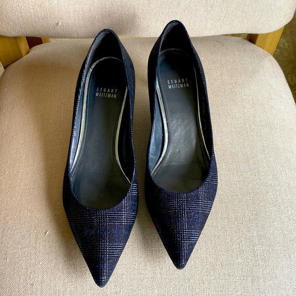 Stuart Weitzman kitten heel Pewter scotch plaid Napa leather women’s slip on.